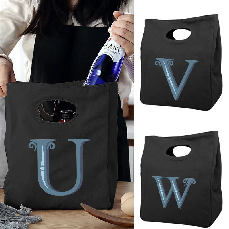 

Lunch Boxes for Men Simple Blue Letter Print Thermal Food Bag Women Portable Food Bag for Work Student Thermal Lunch Box