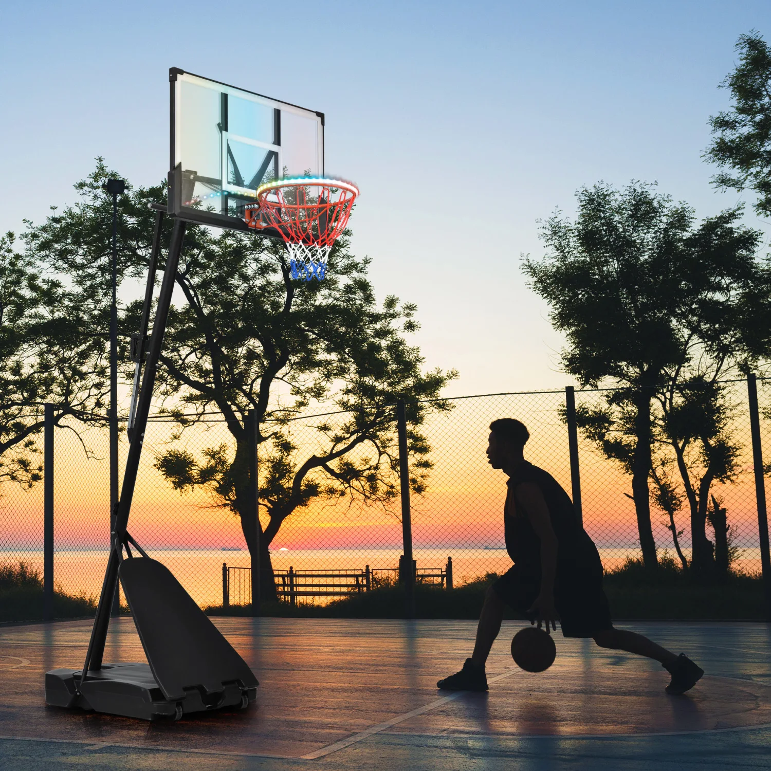 Portable Basketball Hoop System 8-10ft Height Adjustable LED Lights Waterproof for Night Outdoor Play Gift for Kids