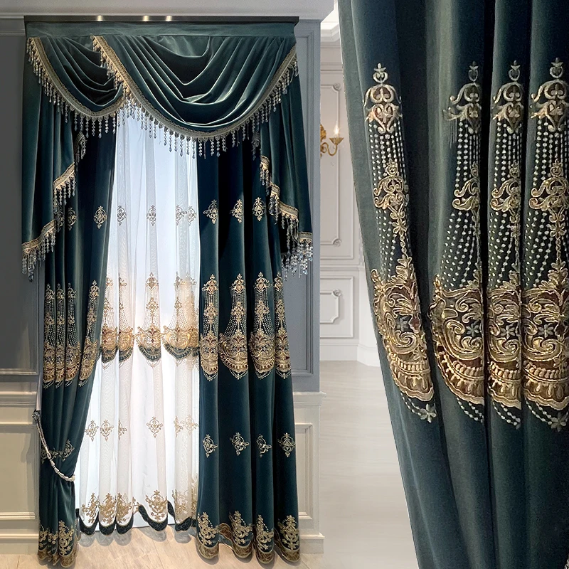 

Custom curtain living room bay window European luxury embroidery blue velvet cloth blackout curtain tulle valance drape C1251