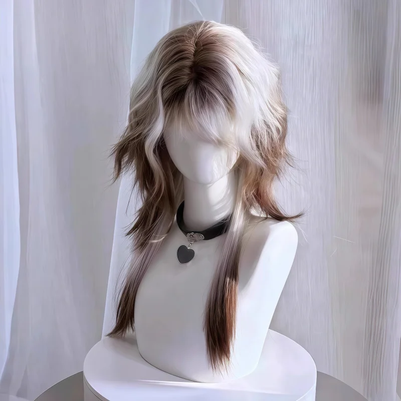 

Wig with mullet cut, long length, wolfish youthful look, white-brown gradient, jellyfish curls, natural high-layered full headpi