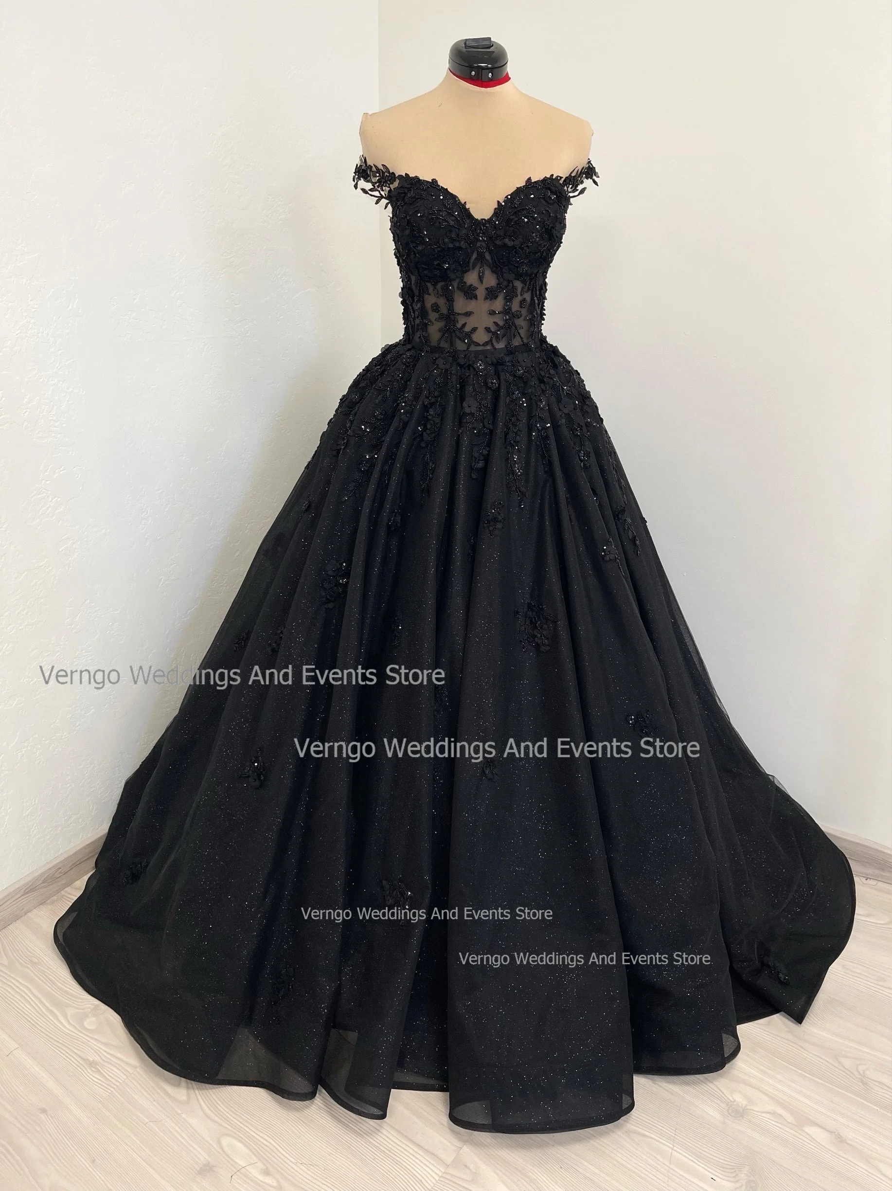 Verngo Black Gothic Glitter Wedding Dresses Sweetheart Off Shoulder Appliques Bridal Gown A-line Bride Dress Vestidos De Novia