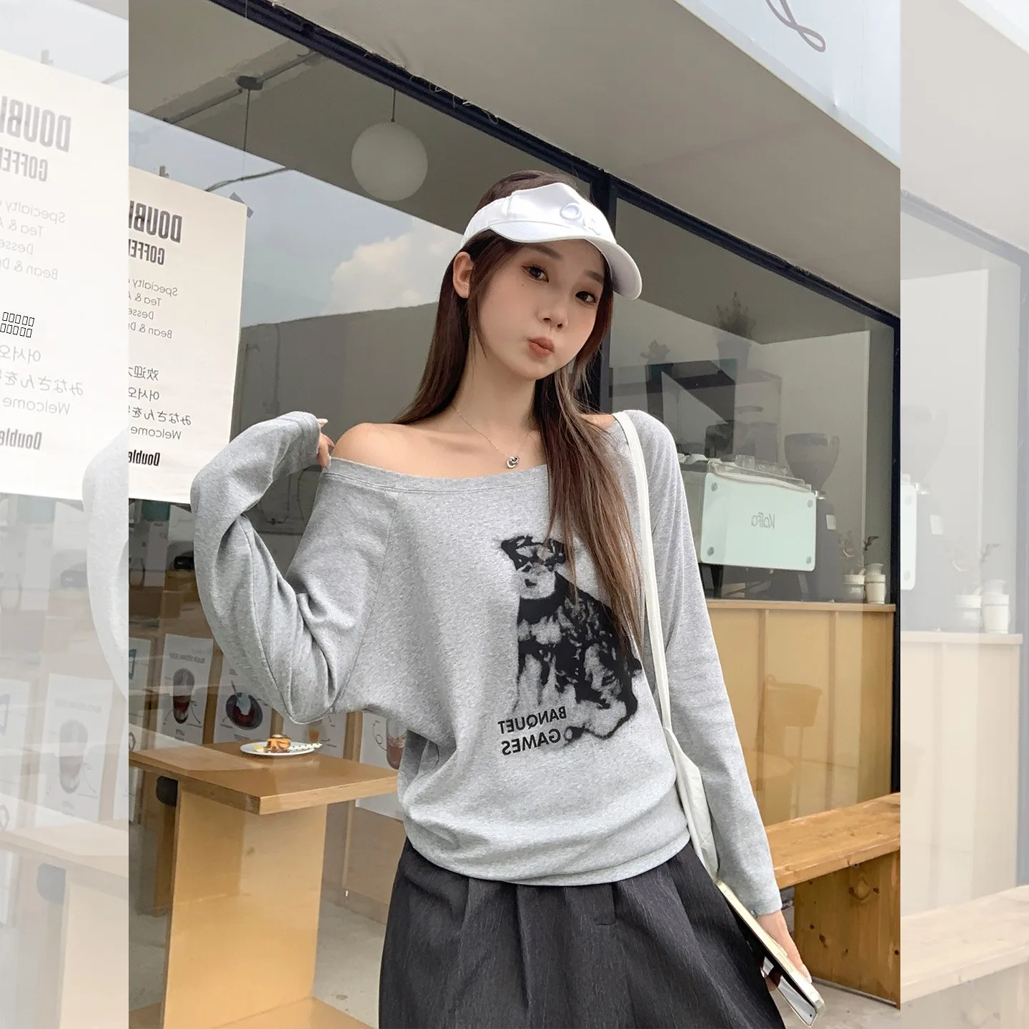 Sexy Off-oulder Crop Top Women's T-irt American Hot Girl Sle Loose Fit Cotton Printed Thiened Autumn Season