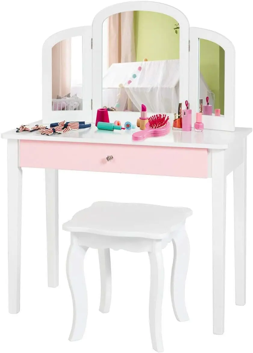 Kids Vanity Table, 2-in-1 Vanity Set with Detachable Top Princess Makeup Dressing Table with Drawer & Tri-Folding Mirror