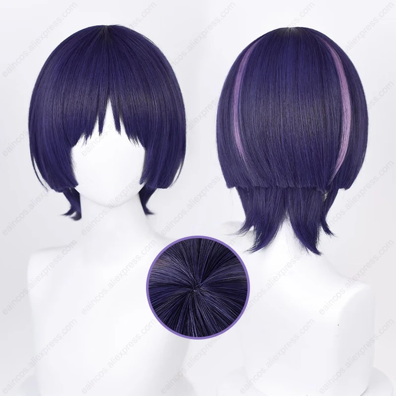 Scaramouche Mixed Color Cosplay Wig, Azul, Roxo, Preto, Resistente ao calor, Cabelo Sintético, 35cm