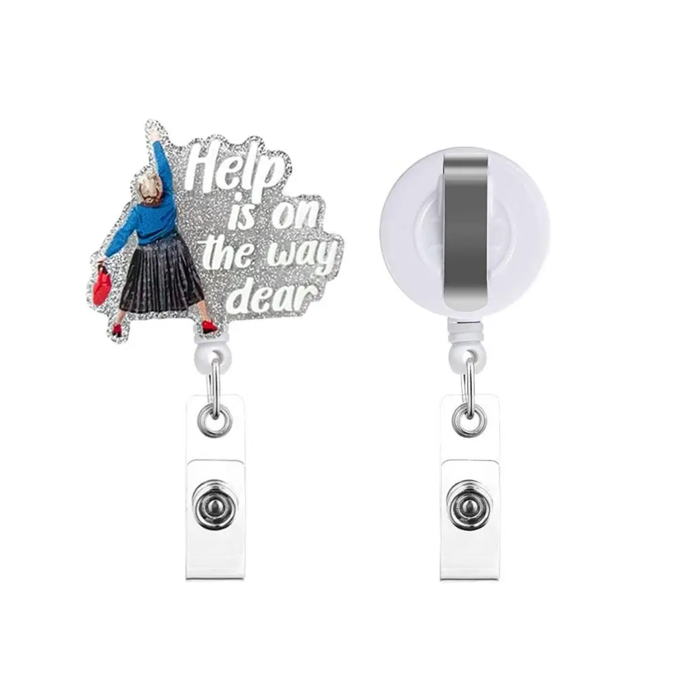Badge Clip Help Is on The Way Dear Retractable Badge Reel Acrylic Glitter ID Badge Holder Cute Name Card Name Holder Doctor
