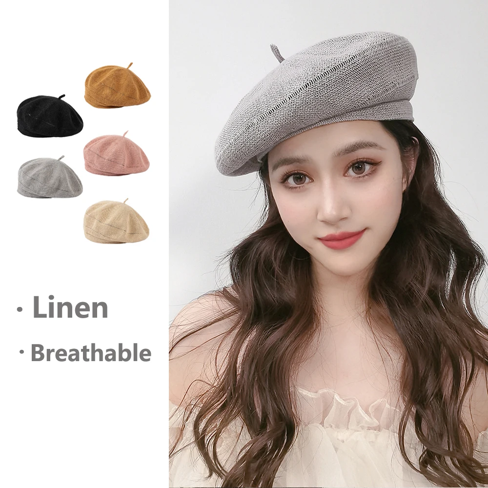 

Women Fashion Linen Beret with Elastic Sweatband Knitted Breathable Beret Hat for Spring and Autumn