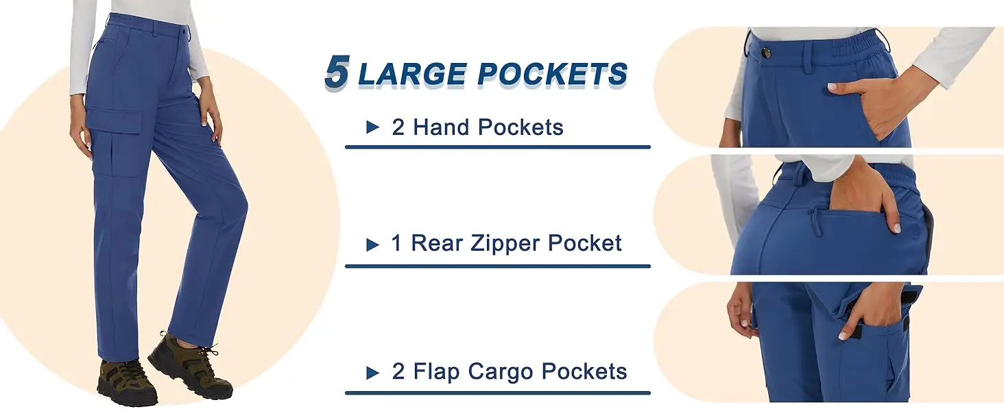 TACVASEN Womens Winter Skiing Hiking Softshell Pants Snowboard Cargo Pants Waterproof Windproof Multi-Pockets Fleece Lined Trous