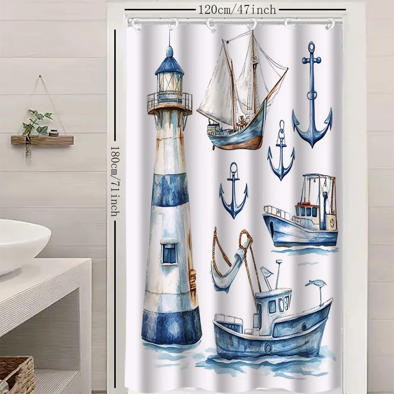 Exquisite sea lighthouse shower curtain in the bathroom, anti awkward bathtub curtain, 12 detachable hooks for easy cleaning