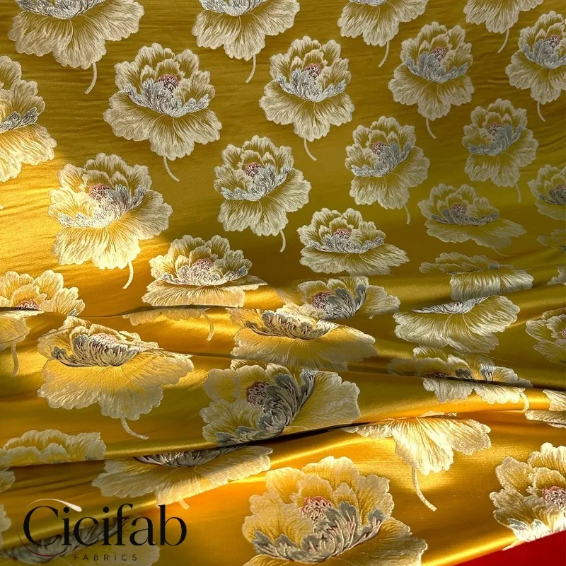 Vintage Golden Peony Jacquard Satin Fabric Woven Brocade Material for Qipao Waistcoat Dress Sewing  DIY Home Decoration
