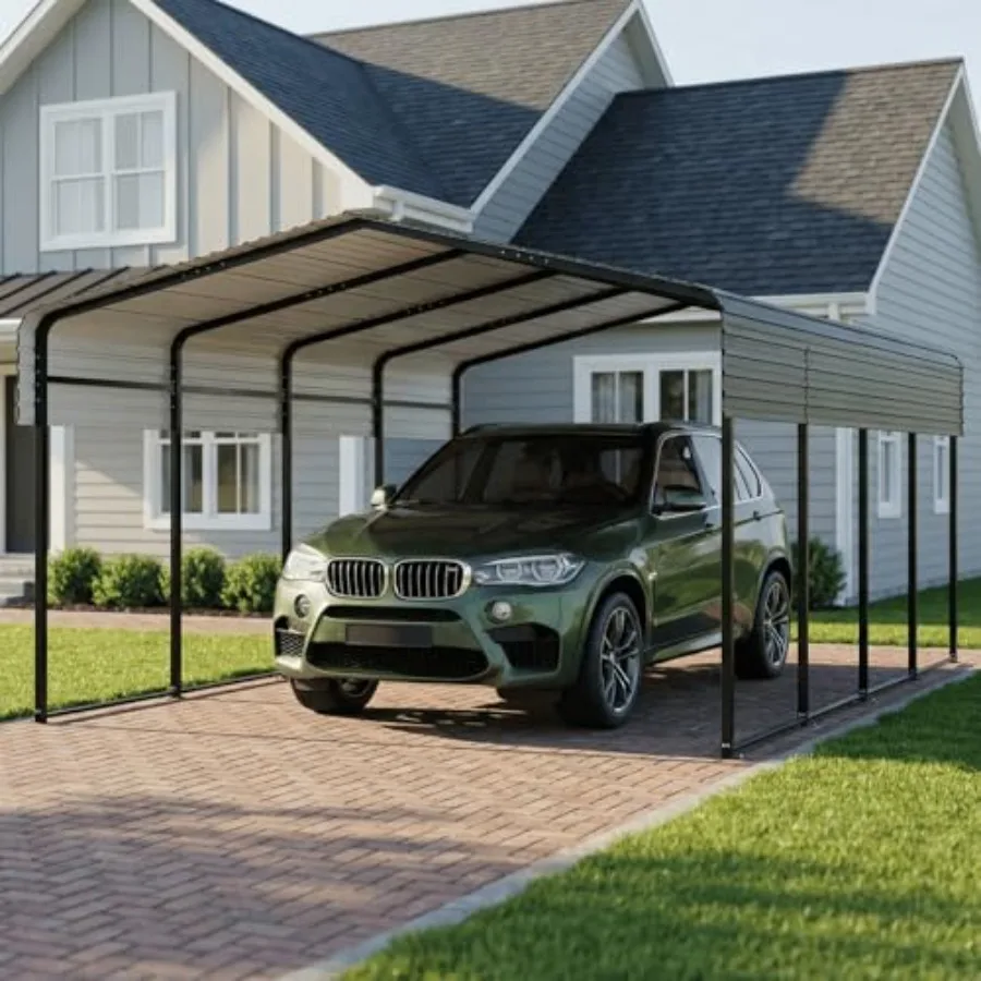 Feet Heavy Duty Metal Carport, Galvanized Steel Frame and Roof with Reinforced Base, All-Weather Outdoor Shelter for Vehicles,