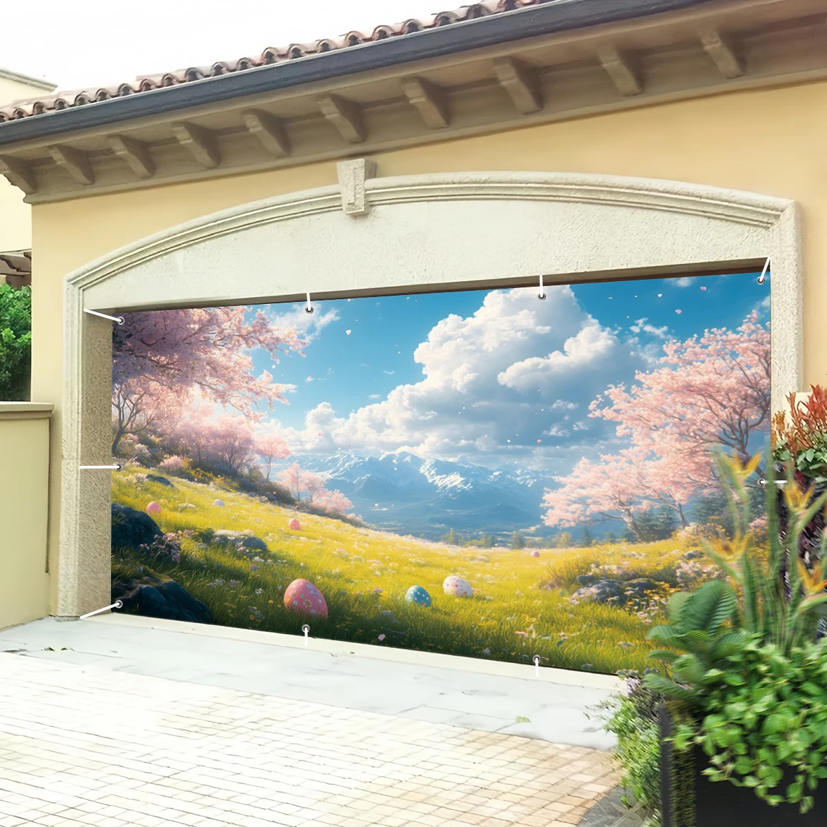 

Настенный баннер с изображением гаражных ворот, весенней садовой сценой с цветущей вишней и пасхальными яйцами, декор для дома и улицы, художественный принт