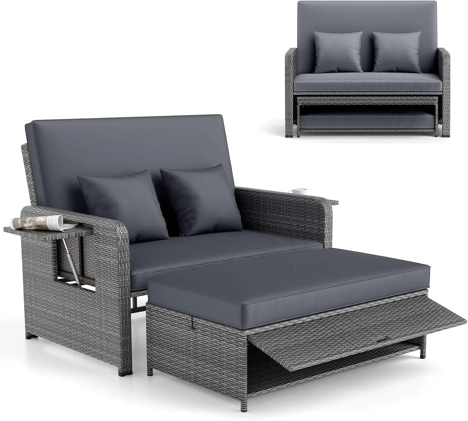 Wicker Patio Outdoor Daybed - Rattan Day Bed Lounger with Loveseat & Storage Ottoman, Sunbed Sofa Set w/Cushions, 4-Level Adjust