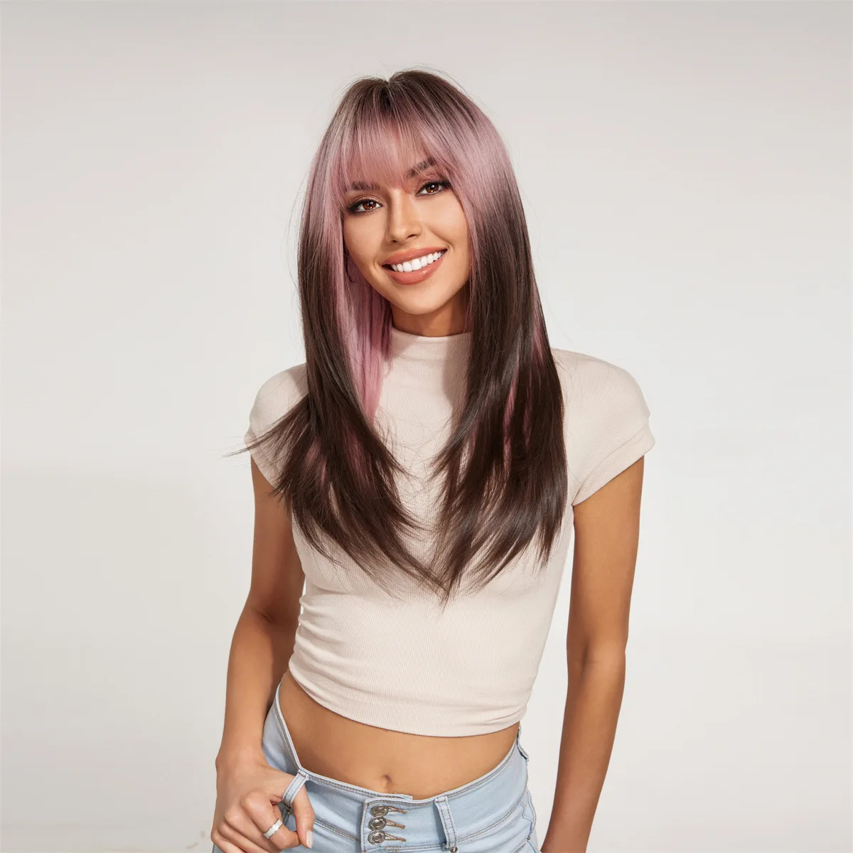 ウィッグレイヤリングピンクブラウンミックスカラー美白シミュレーションチー前髪化学繊維ウィッグフルヘッドカバータイプ