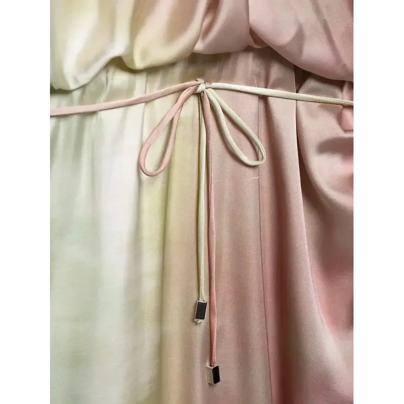 Vestido midi de satén con cuello redondo y cinturón, manga corta, cremallera trasera, vestido de fiesta de moda de verano para mujer