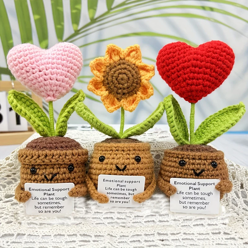 Knitted Potted Plant Hand-woven Heart Sunflower Crochet Flower Potted Room Decoration Auto Interior Accessories Birthday Gifts