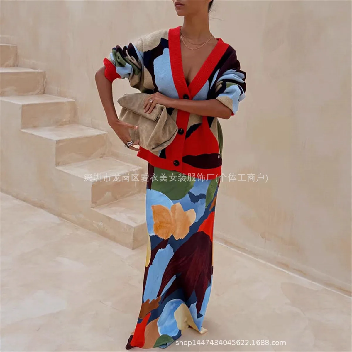 2025 Otoño Invierno nuevo bloque de Color Jacquard suelto cuello en V cárdigan de manga larga mujeres multicolor opcional moda versátil Top