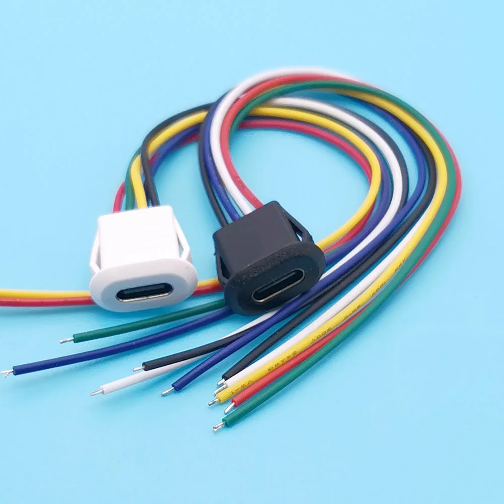 5pcs USB Type C 6Pin Direct Pressure Buckle Type Charging Port Connector Jack Female Socket with Cable Double 5.1K Resistance