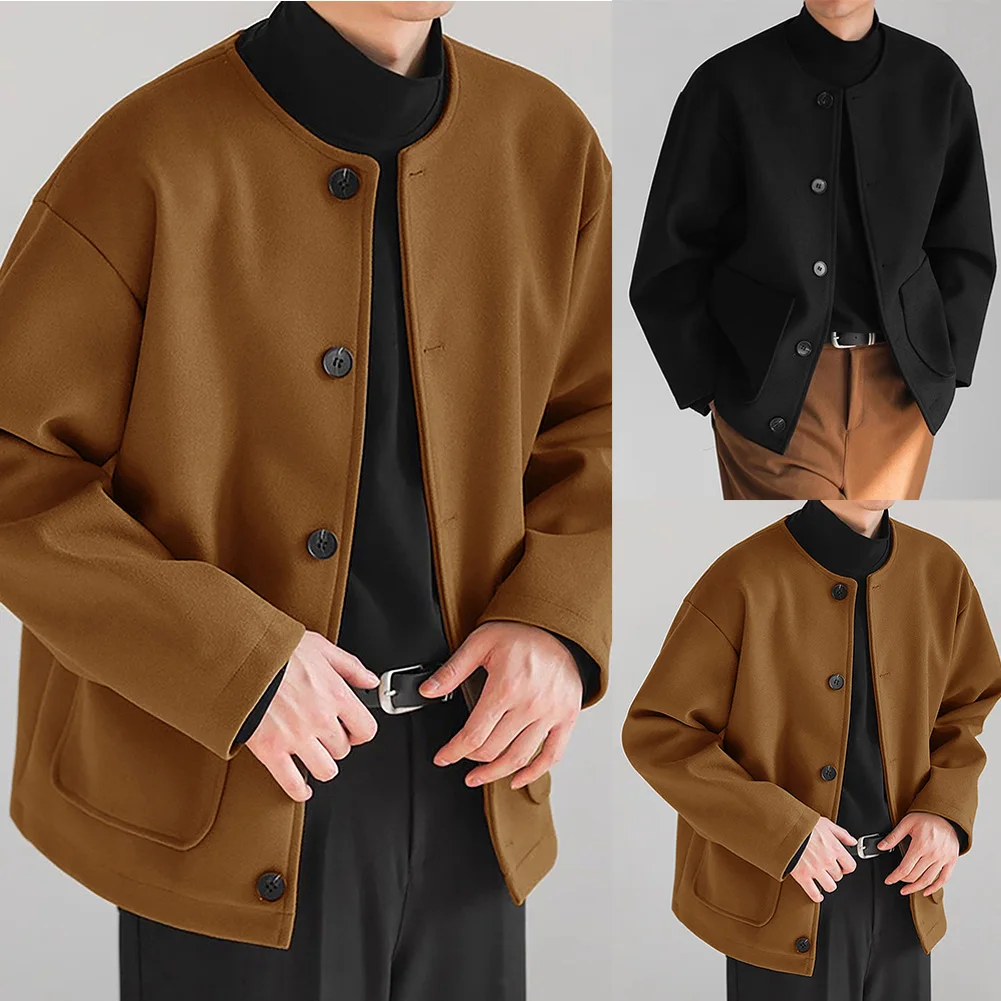 

Korean Style Men's No Collar Lightweight Loose Jacket Casual Cardigan Outerwear Coat for Spring Autumn Seasons