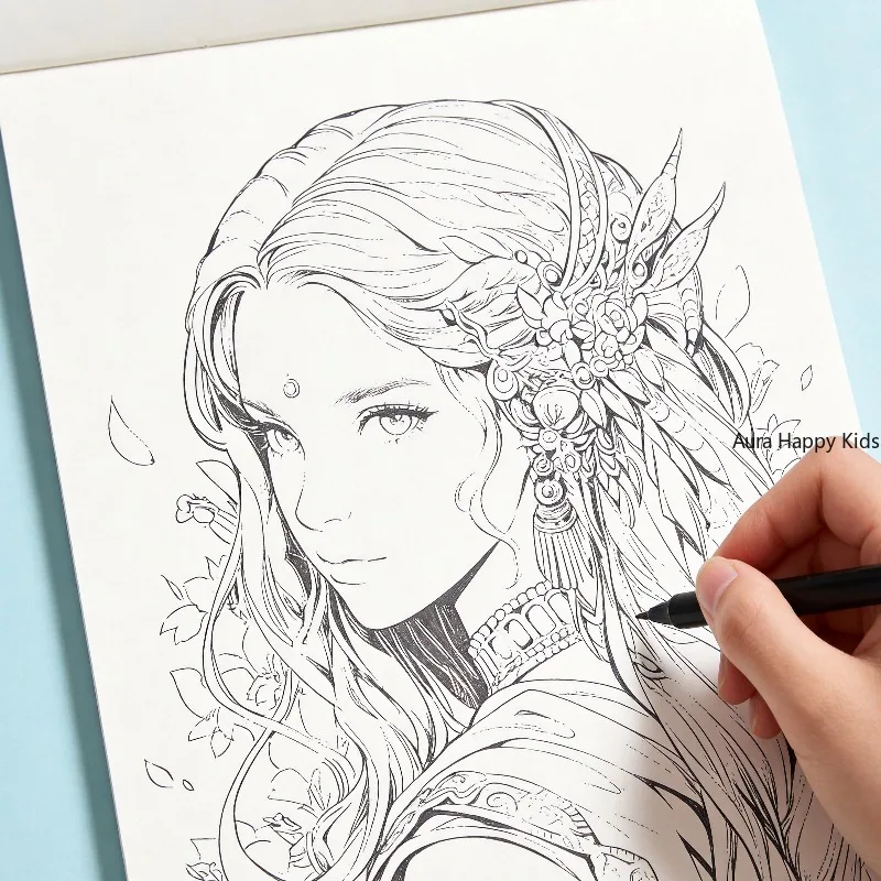 A Hand Drawn Adult Stress Relief Line Drawing Graffiti Book, Beautiful Exotic Girl Character Album, 24 Different Patterns