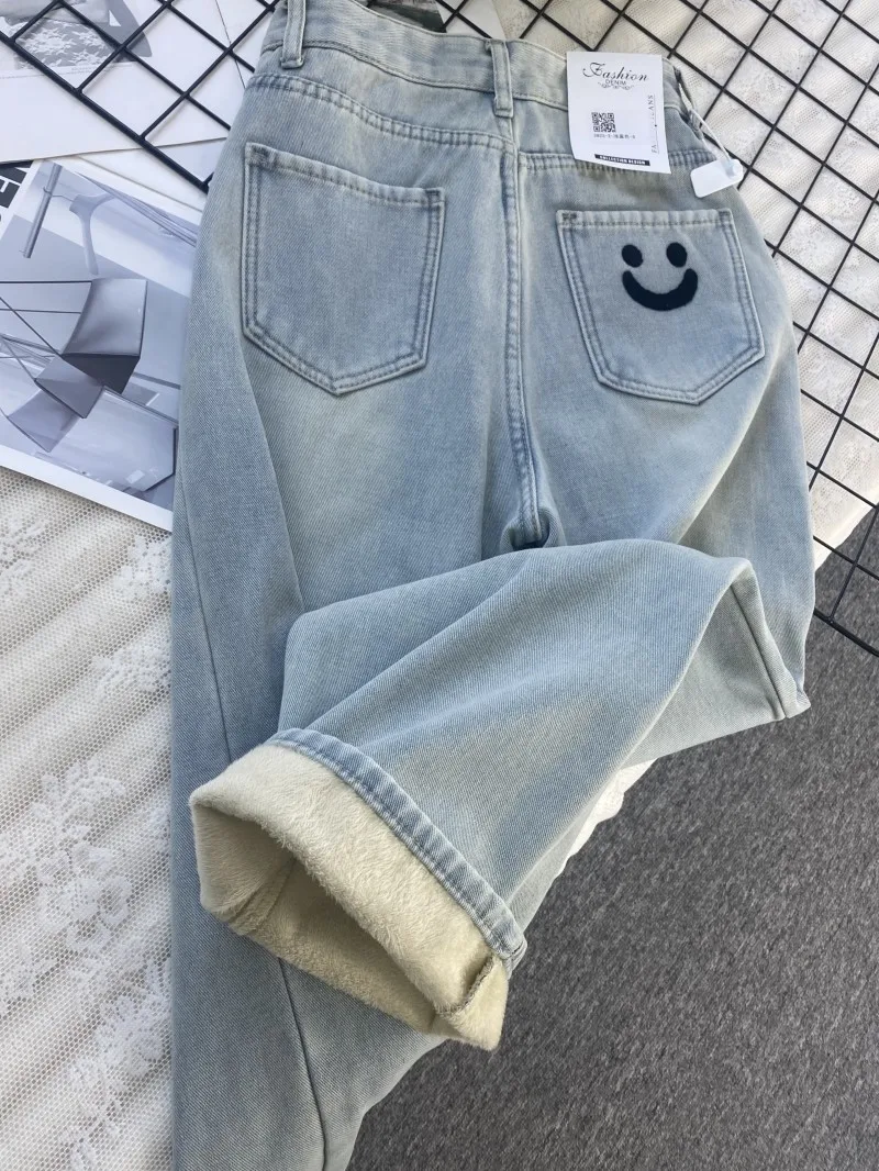 

Женские зимние джинсы Slim Fit с высокой талией, на флисовой подкладке, свободные прямые брюки, вышитые широкие брюки-клеш
