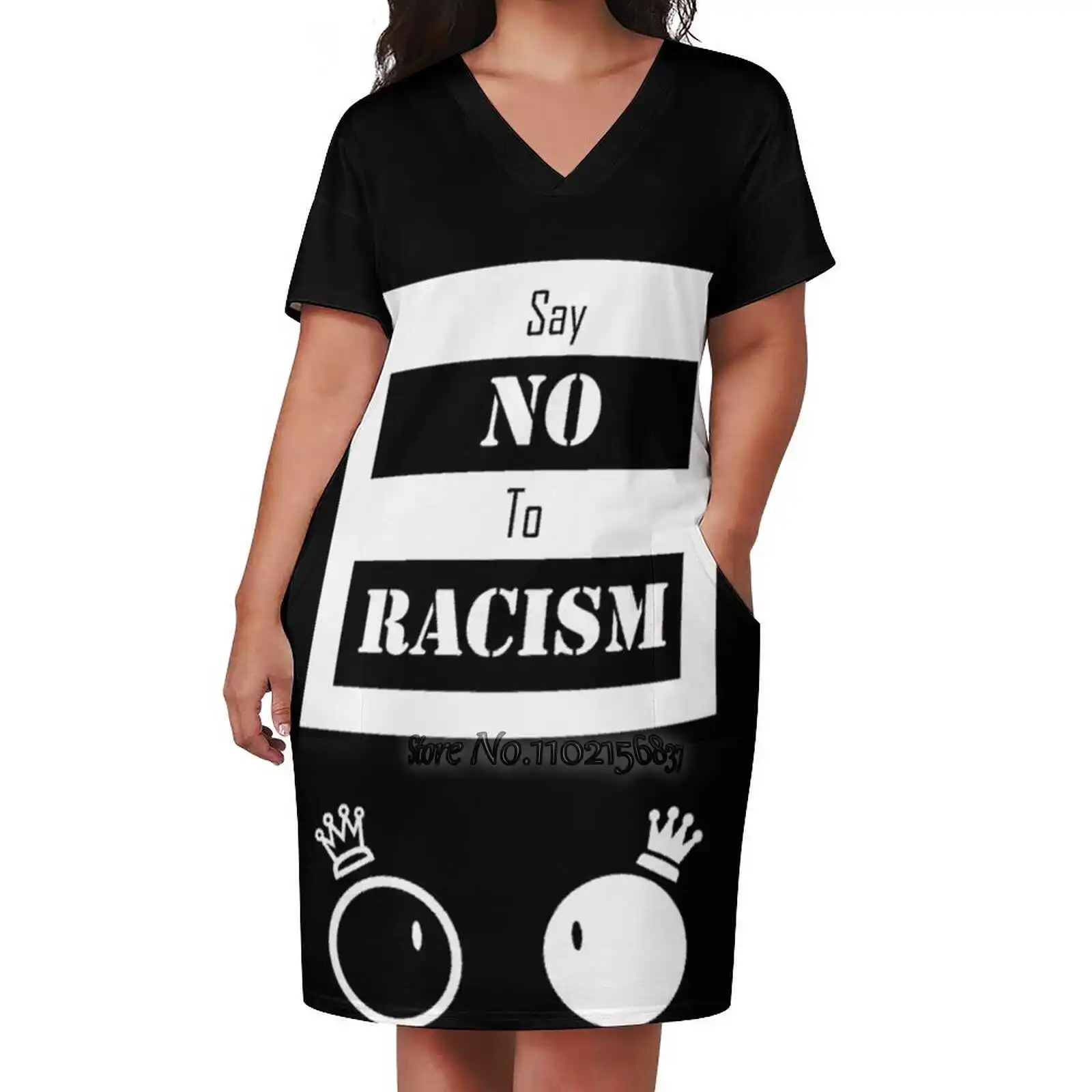 Say No To Racism V-Neck Short Sleeve Skirt Korean Kawaii Skirts Party Dresses Racist Racism Stick Man Cute Crown Black And