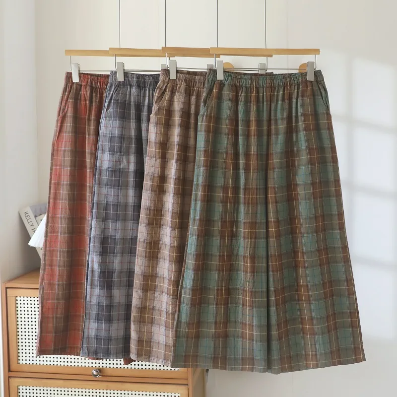 Women's All-Season Pure Cotton Water-Washed Wide-Leg Plaid Home Pants. Skin-Friendly & Versatile, Minimalist for Home & Outings