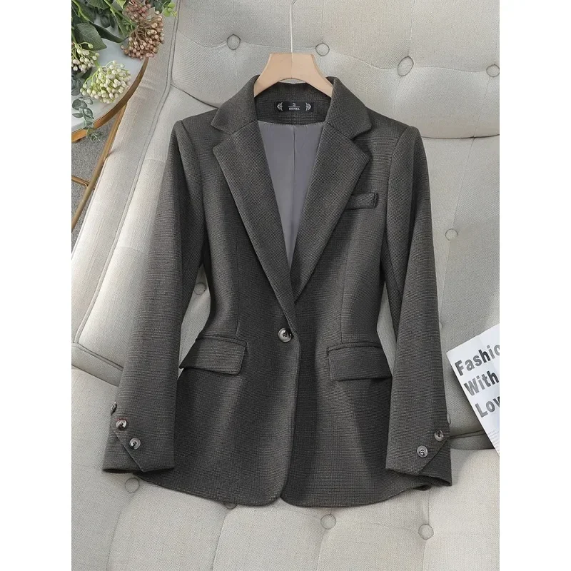 Fashion Women Formal Blazer Ladies Gray Coffee Female Long Sleeve Single Button Business Work Wear Jacket For Autumn Winter