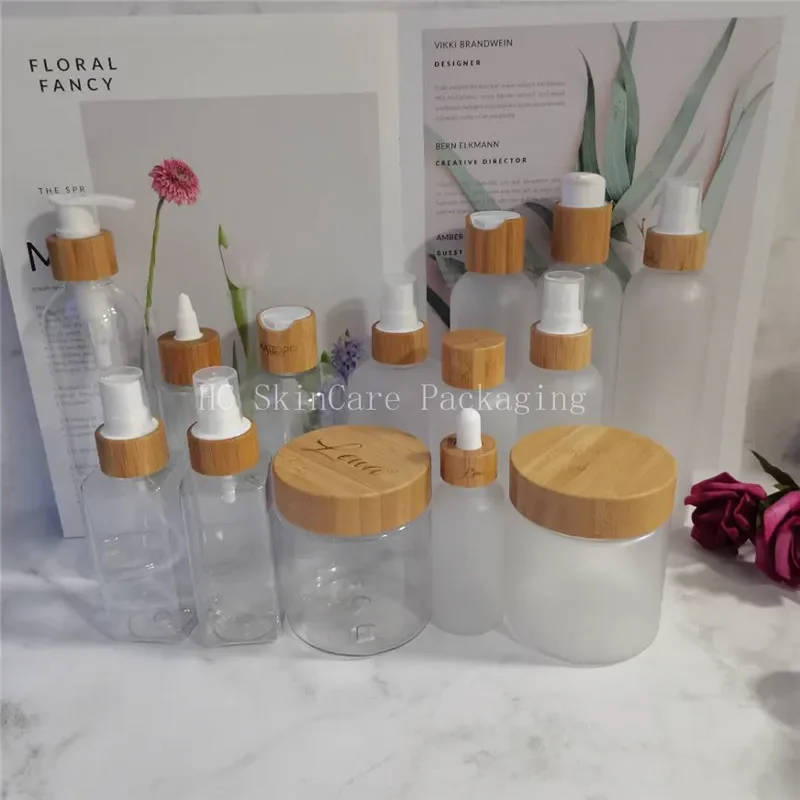 

Clear Bottle with Spray Lotion Screw Cap Pump Refillable Bottles for Emulsion,Biodegradable Plastic Cosmetics Jars with Bamboo