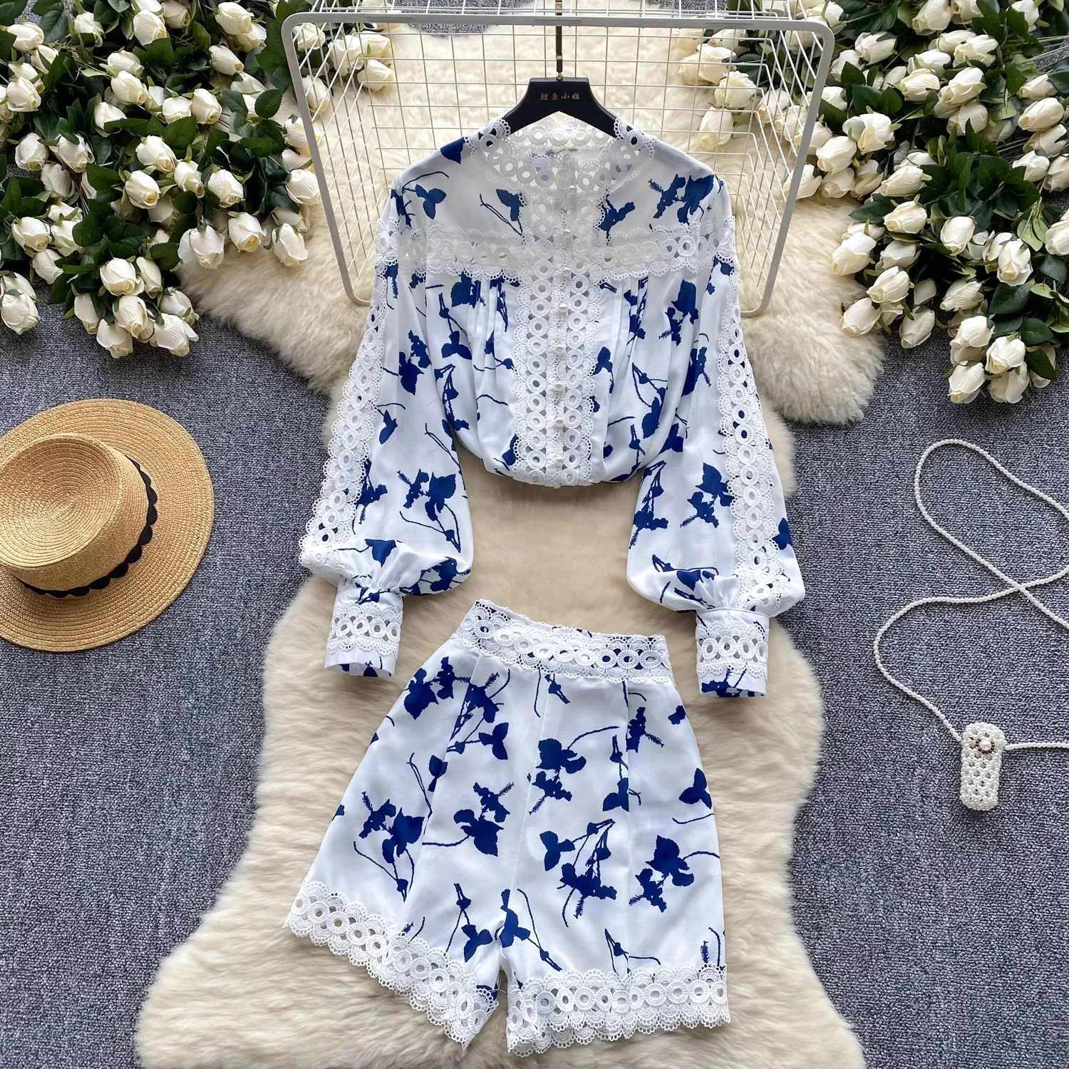 Autumn Runway Embroidery Two Piece Set Women's Stand Lantern Sleeve Pearl Buttons Print Top +  Lace Trims Wide Leg Shorts Suits