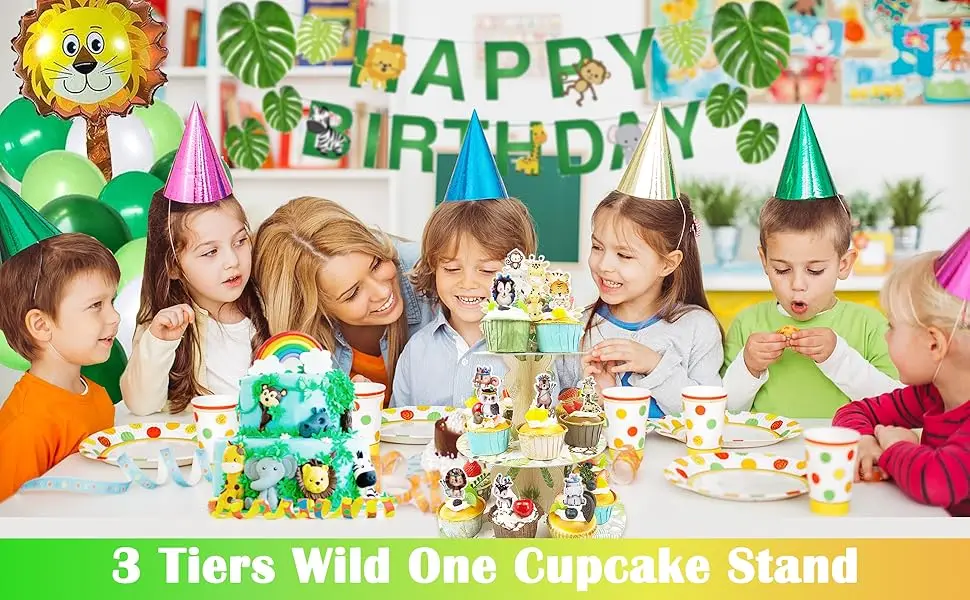 3-stöckiger Cupcake-Ständer im Dschungel-Safari-Design, Dessert-Halter für Waldjagd-Babyparty oder Geburtstagsfeier, Grau & Grün – Detail 4