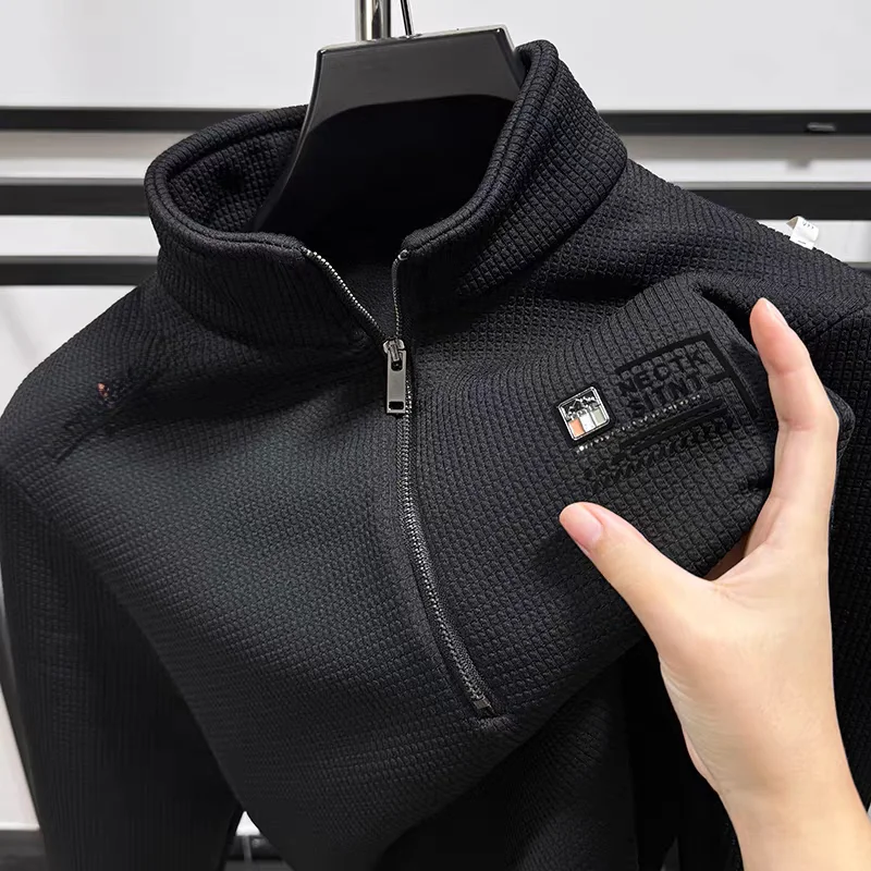 Men's Zip-Up Hoodie Spring Autumn Pure Color Casual Outerwear American Retro Style Half Zip Stand Collar Polyester Fiber