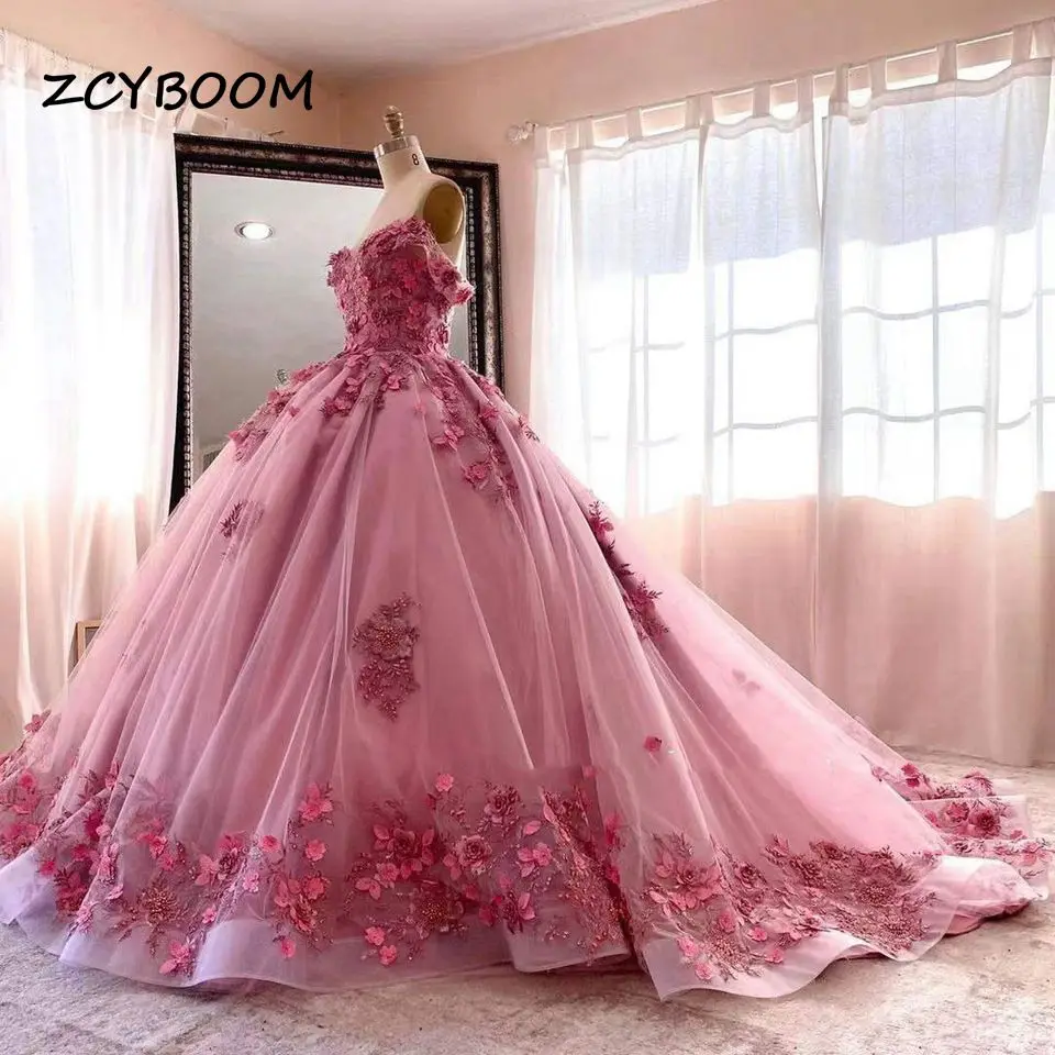 Customized Pink Quinceanera Dresses Appliques Sweetheart Flowers Graduation Ball Gowns Tulle Elegent Princess 15