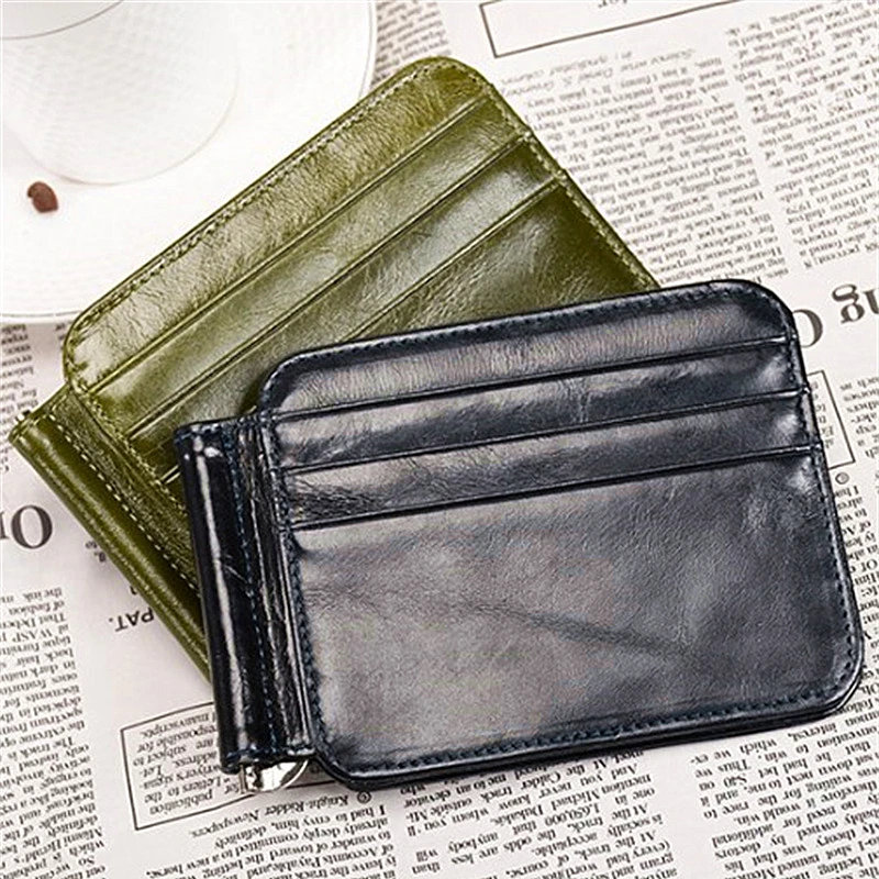 Anti-theft Brush Leather Men's Money Clip Retro Oil Wax Business Wallet Multi-card Slot Anti-magnetic Large Capacity Card Holder