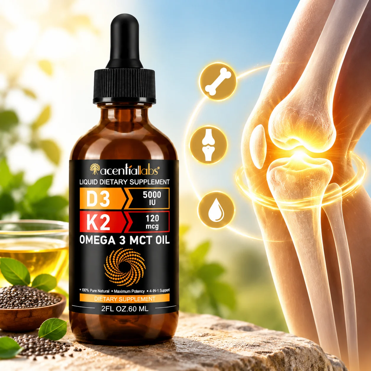 Vitamin D3 K2 Omega-3 Drops,Supports Bone Strength & Calcium Absorption,With 5000 IU D3, 120 Mcg K2,MCT Oil & Chia Seed Oil,60ml