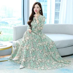 Muslim Women's Long-sleeve Dress 2023 Summer Floral  Chiffon Long Evening Party Maxi Dresses  modest dress for women