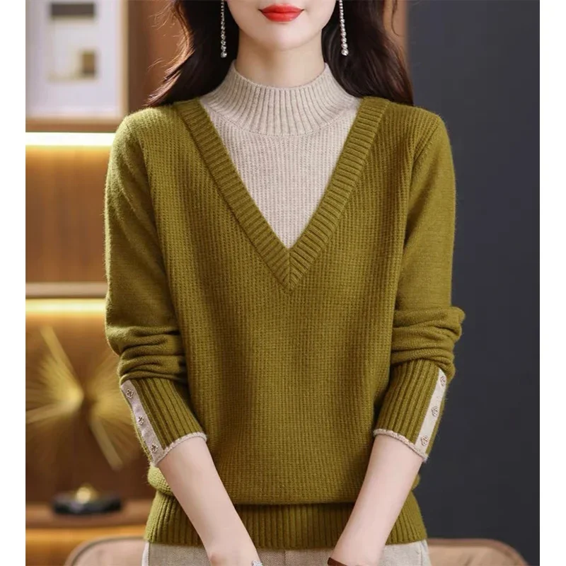 Women Loose Casual Turtleneck Sweaters Knitted Spliced Fashion Solid Winter Thick Sweatrer Female Top Elasticity Soft Knitwear