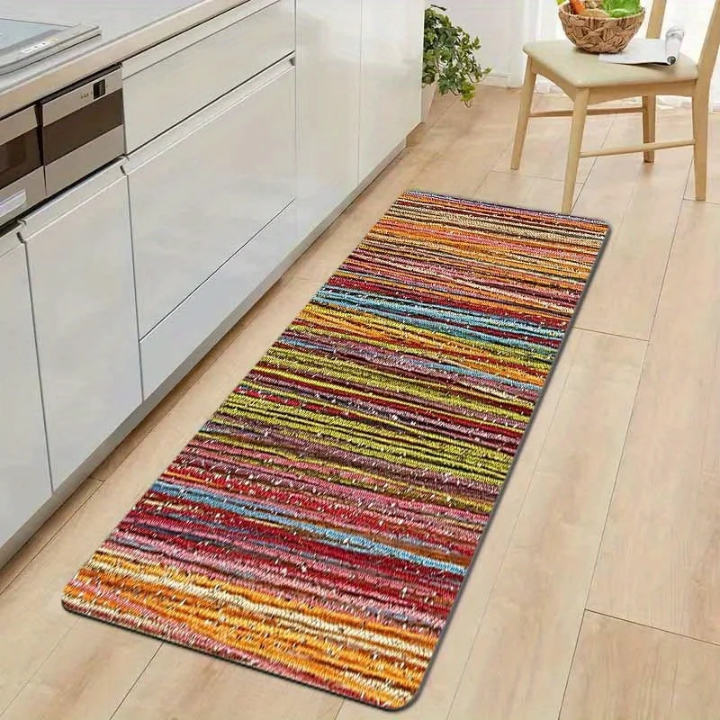 Colorful Rainbow Striped Kitchen Runner Rug Set, Vibrant Vertical Line Non-Slip Absorbent Floor Mats  Entryway Bathroom Hallway