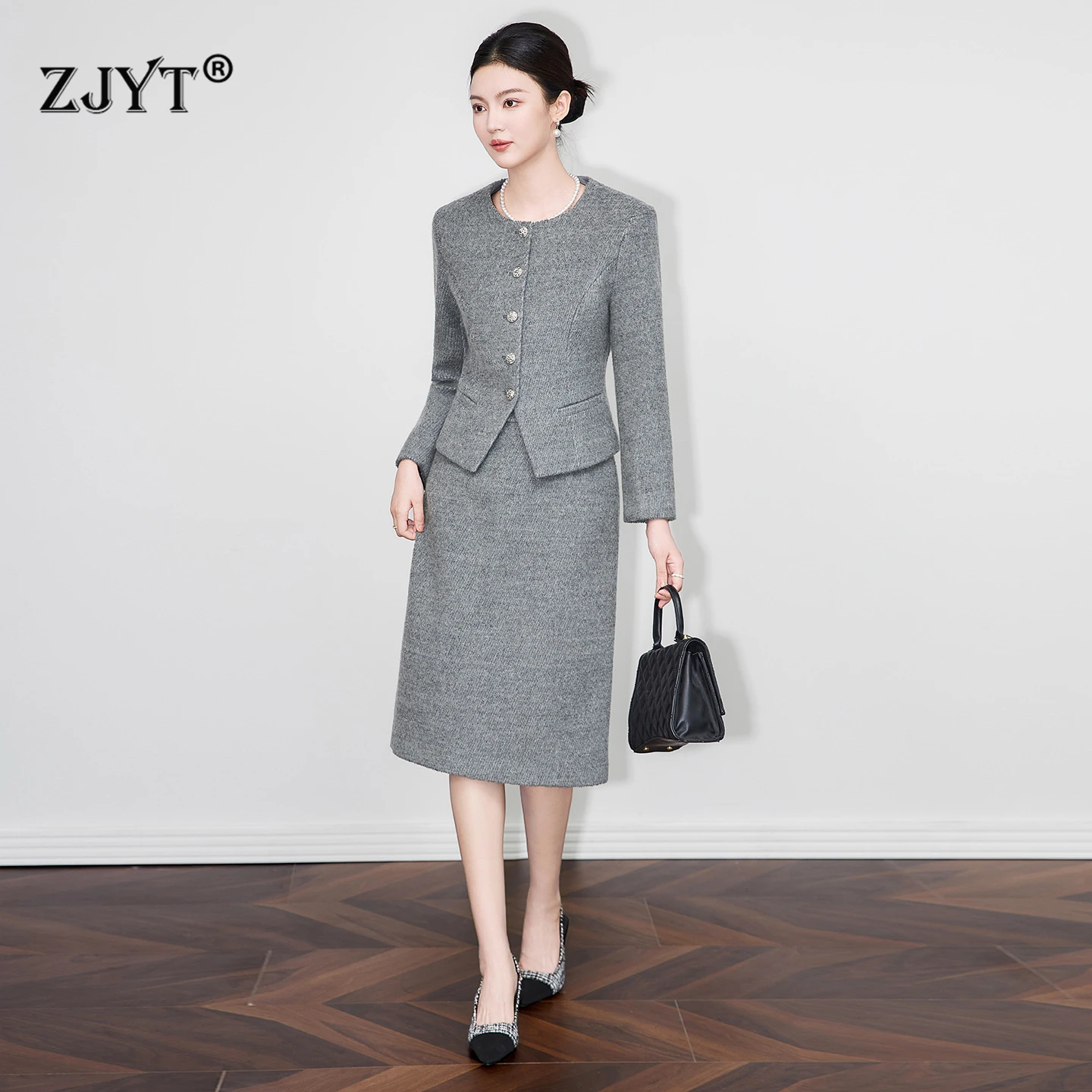 ZJYT Setelan Jas Wol dan Rok Midi 2 Potong untuk Wanita Kantoran Elegan, Musim Gugur Musim Dingin 2025, Pakaian Wanita untuk Pesta, Warna Abu-abu