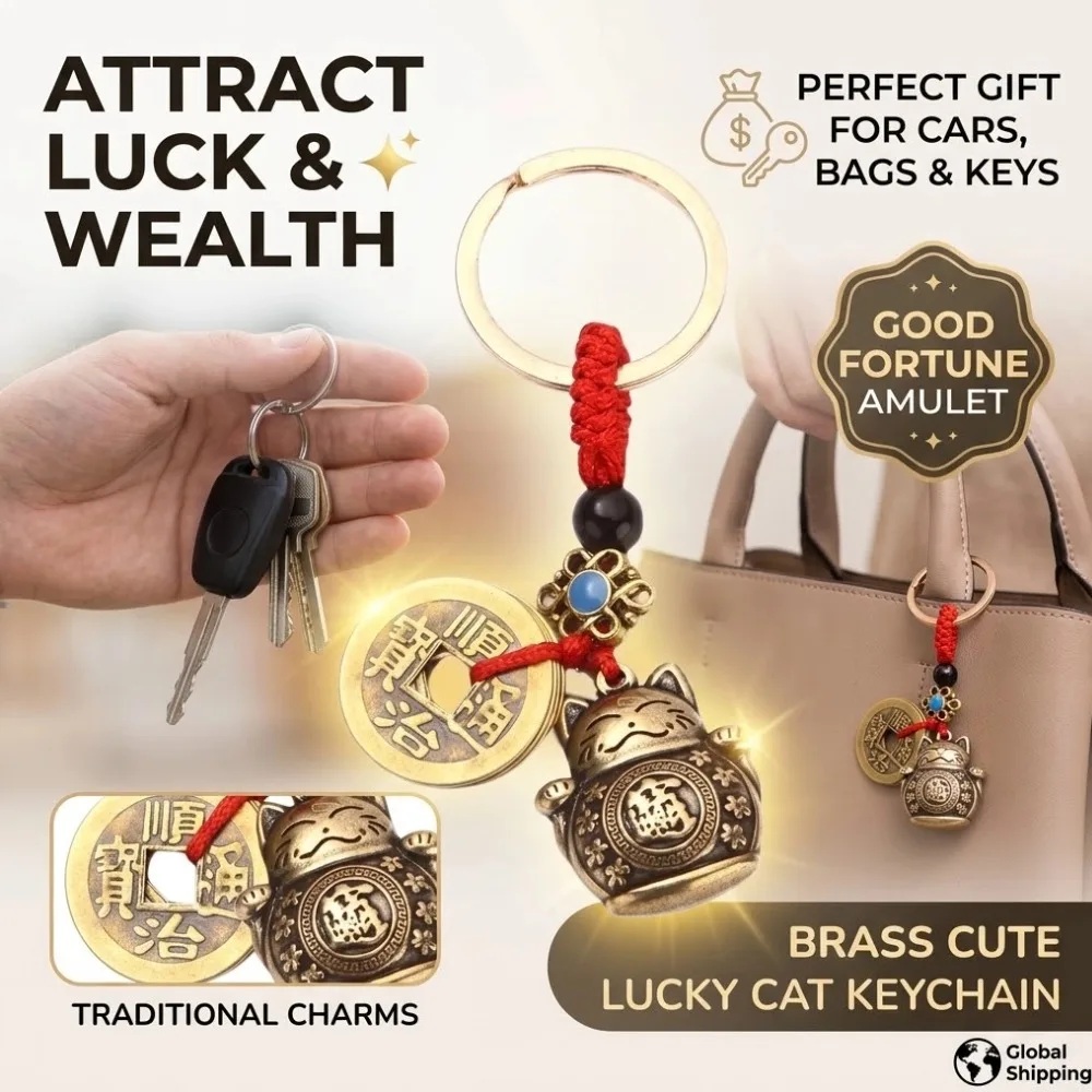 Vintage Pure Handmade Lucky Cat Car Keychain Lucky Cat Five Emperors Money Keychain Feng Shui Coins Solid Lucky Key Ring