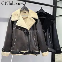 CNlalaxury 2024 Faux Fur Leather Jacket Women Belt Zipper Fleece Thicken Long Loose Jackets Coat Female Moto Biker Lady Outwear