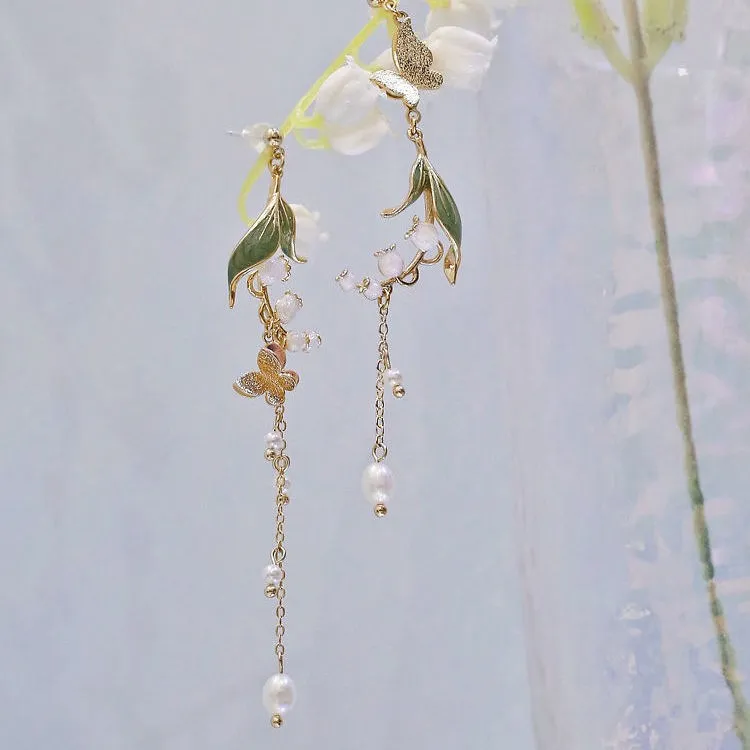 Chinese Style Forest Retro Lily of The Valley Earrings Asymmetric Pearl Butterfly Long Tassel Clip Earrings Without Piercing