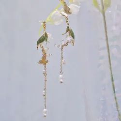 Chinese Style Forest Retro Lily of The Valley Earrings Asymmetric Pearl Butterfly Long Tassel Clip Earrings Without Piercing