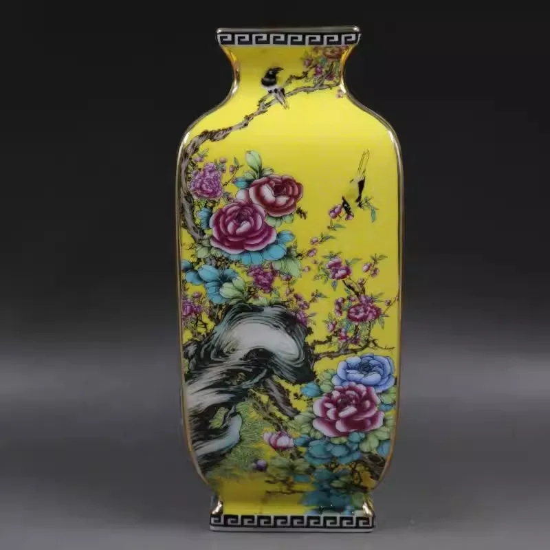 Chinese Yellow Enamel Porcelain Vase Qing Qianlong Flowers Birds Design 9.8 inch