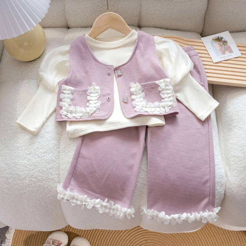 

Kxkm-South Korea Girls Autumn24New Western Style Children Ruffles Vest Puff Sleeve Bottoming Shirt Wide Leg Pants Three-Piece Su