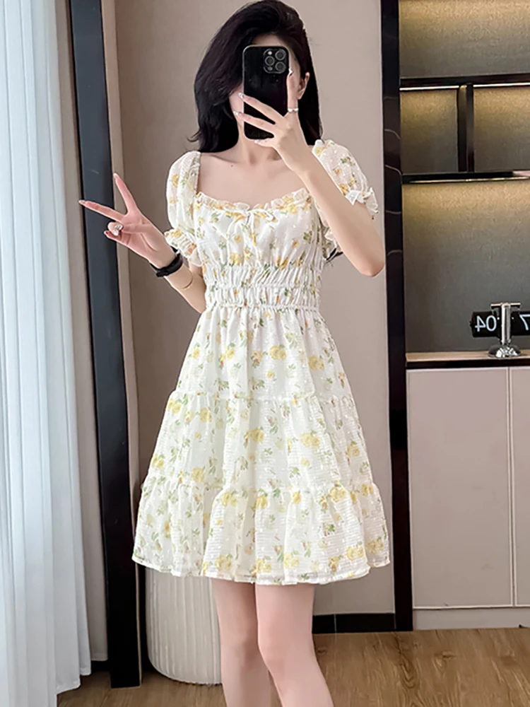 

2025 New Floral Puff Sleeve Bow Ruffled Square Collar Mini Dress Women Elegant Casual Dress Summer Korean Bodycon Holiday Dress