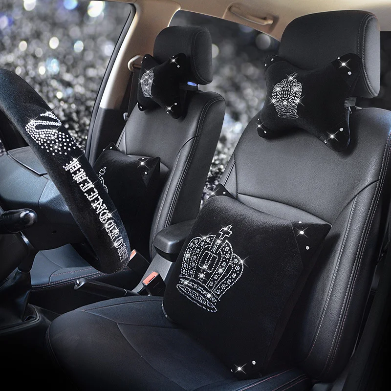 New Car Headrest Pillow Inlaid With Diamond Crown Fashion Car Interior Vehicle Lumbar Bolster Support Waist Cushion Head Pillow