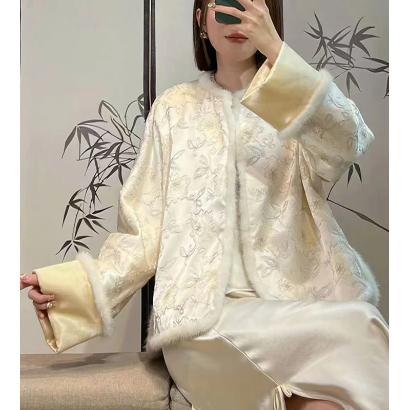 High-End Winter New O-Neck Chinese Style Acetate Fabric Embroidered Splicing Mink Hair Cotton Jacket for Women S-XL