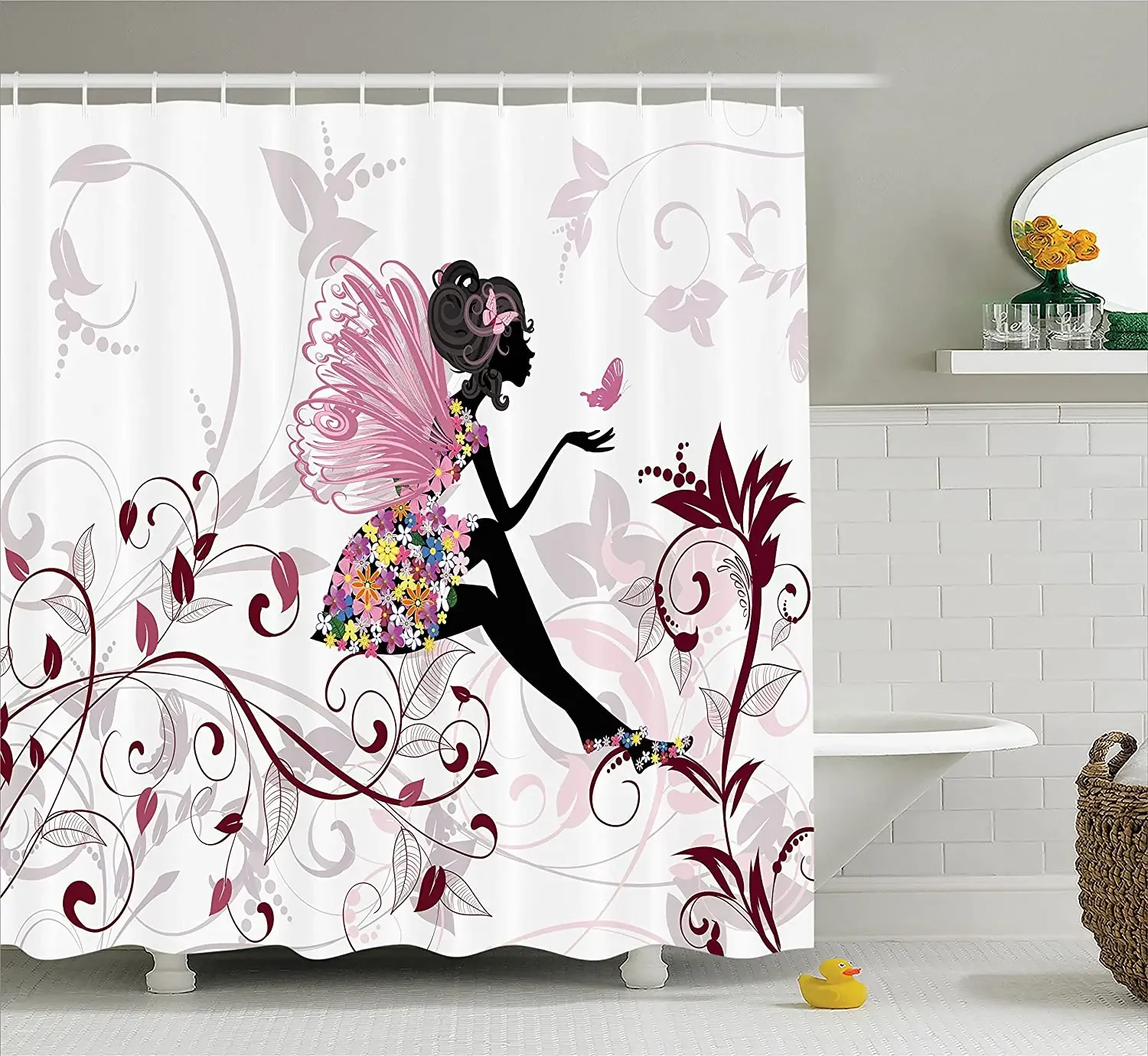 Zodiac Taurus Shower Curtain Fashion Girl Black Silhouette with Floral Hairdo and Dress Modern Icon Waterproof Bath Curtains