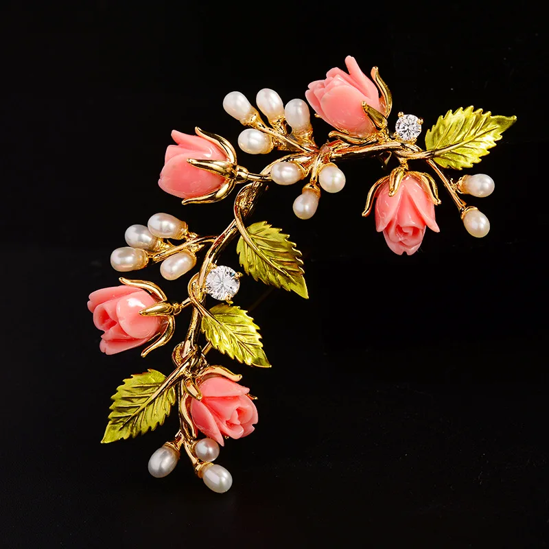 Ethnic Antique Bridal Branch Brooch Handmade Enamel Freshwater Pearl Plant Flower Broochpins Delicate Corsage Accessories Pins