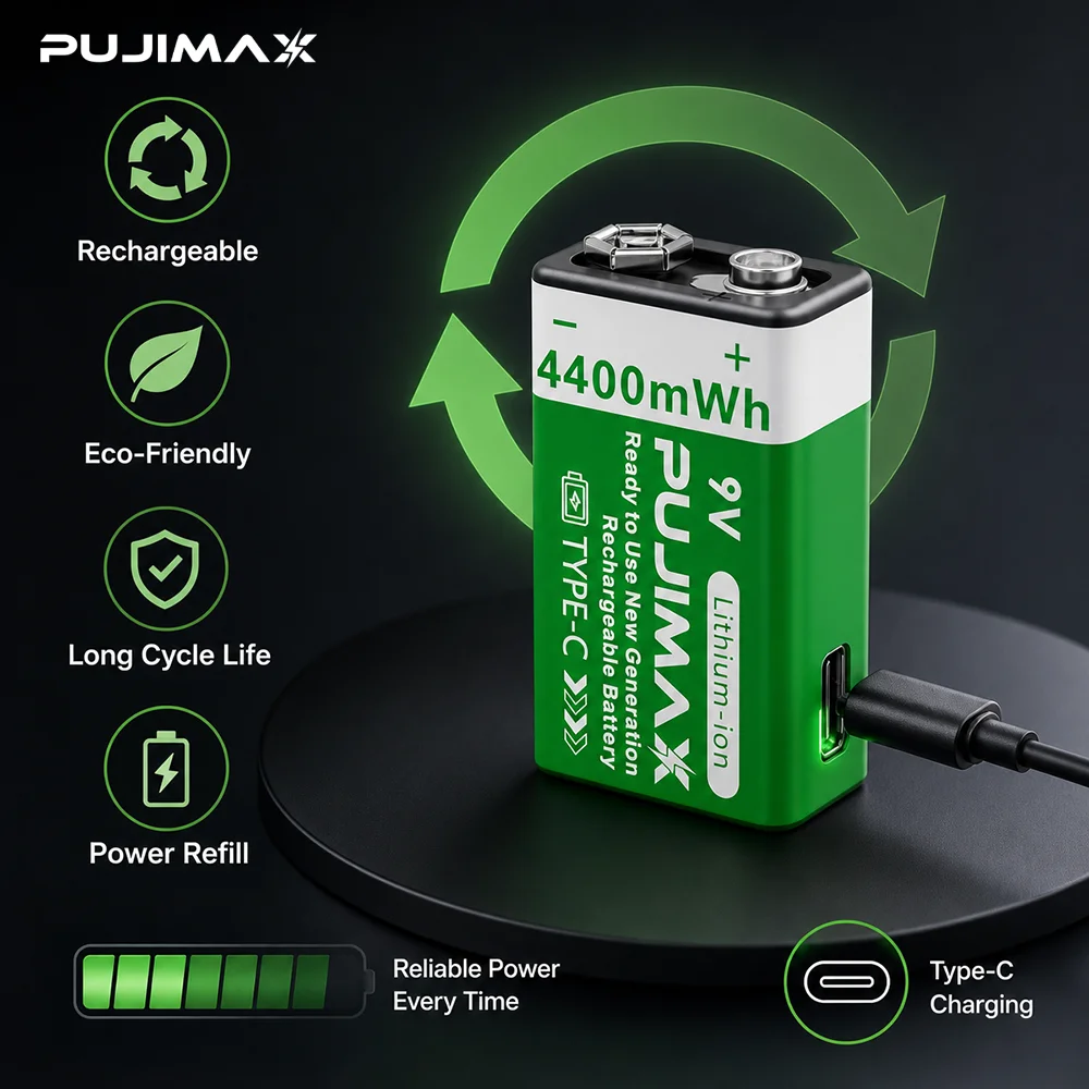 PUJIMAX 9V Rechargeable Battery 9 Volt 6F22 4400mWh Lithium Li-ion Batteries For Toy Remote Control Microphone Walkie Talkie Fan